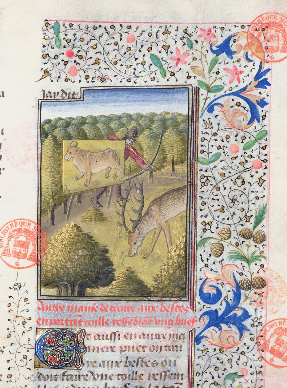 Jeger som skjuler seg bak et lokkemiddel mens han jakter på en hjort, fra Livre de la Chasse av Gaston Phebus de Foix (1331-91) av French School