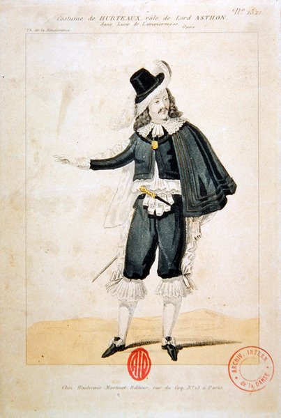 Hurteaux i rollen som Lord Enrico Ashton, i operaen Lucie de Lammermoor, av Gaetano Donizetti (1797-1848) (fargegravering) av French School