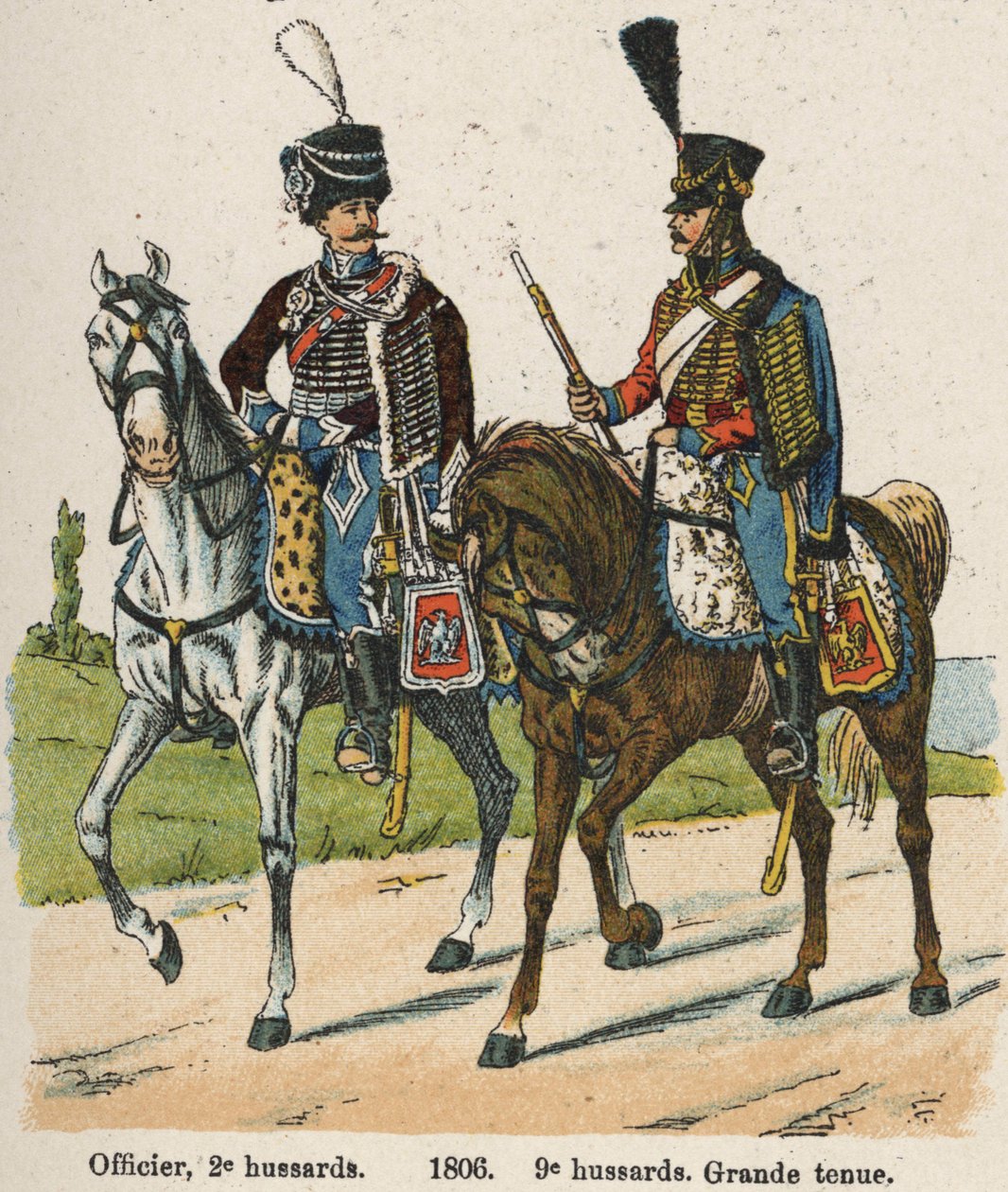 Husarer 1. vendemiar An XII (24. september 1803): Offiser, 2. husarer og 9. husarer i flott drakt i 1806. Plate fra boken Les Uniforms de l
