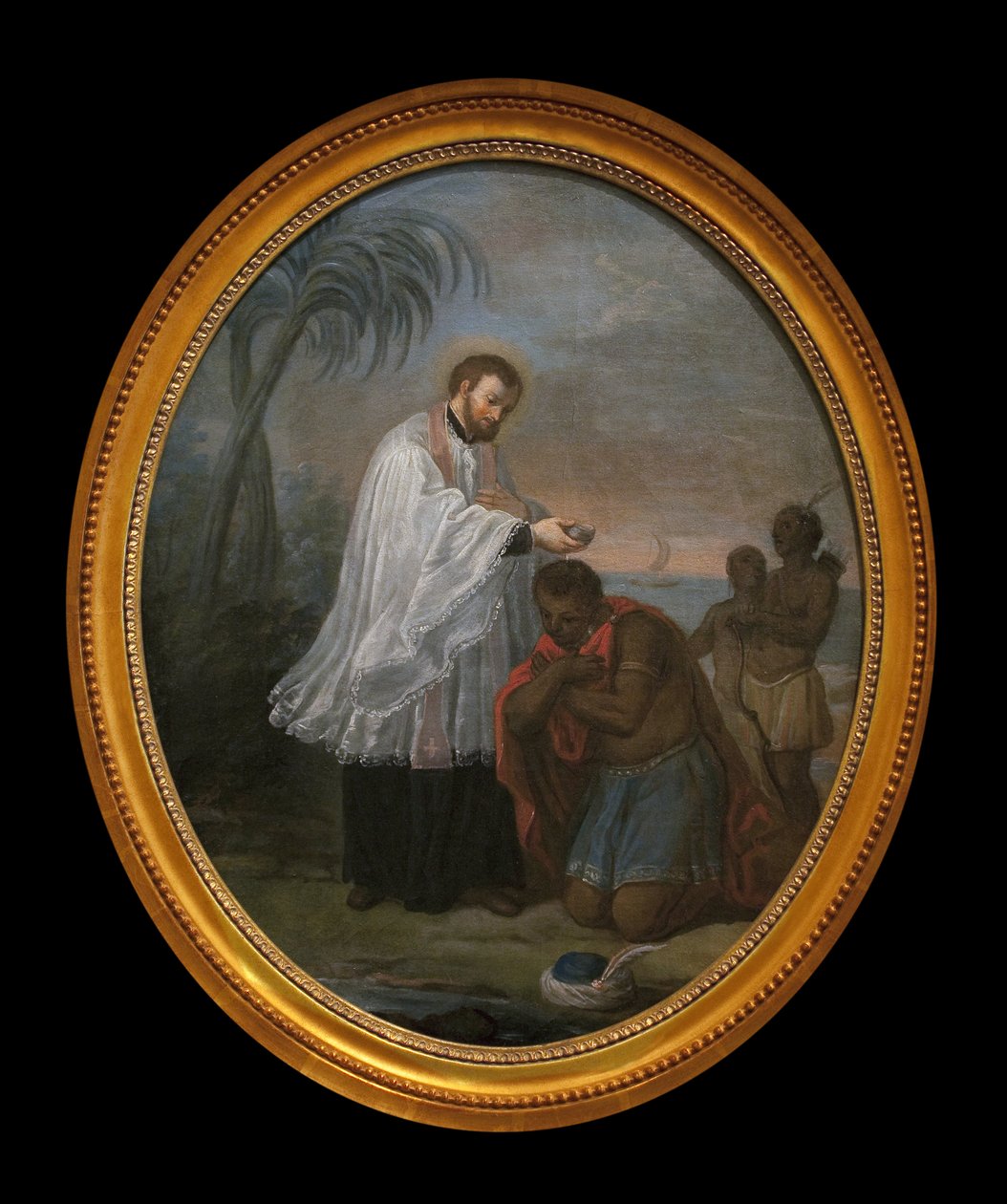 Jeg døper en indianer. Karakteren som mottar dåpen ser ikke ut til å være en indianer, i motsetning til de to karakterene i bakgrunnen. Dette maleriet kan være en allegori om jesuittenes evangeliseringsoppdrag på alle kontinenter. Imidlertid lar det oss fr av French School