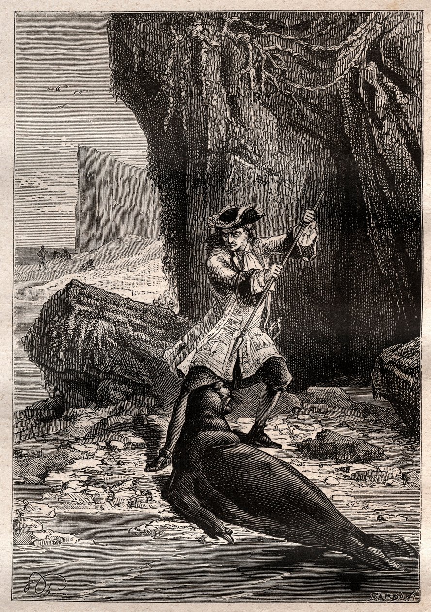 Jeg stakk spaden i brystet hans: Woodes Rogers (1679-1732) angrepet av en marinehund (sel) på en av Galapagosøyene i Stillehavet i 1709 - illustrasjon hentet fra "The Great Mariners of the 18th century" av French School