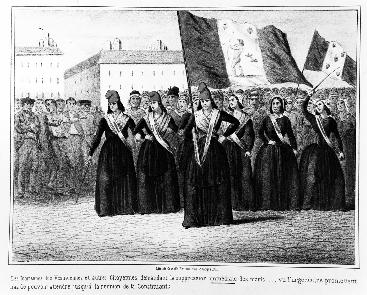Ikariere og vesuvianere som krever umiddelbar undertrykkelse av ektemenn, fra en serie tegneserier om hendelsene under den franske revolusjonen i 1848, utgitt i Paris av Gosselin, 1848 av French School