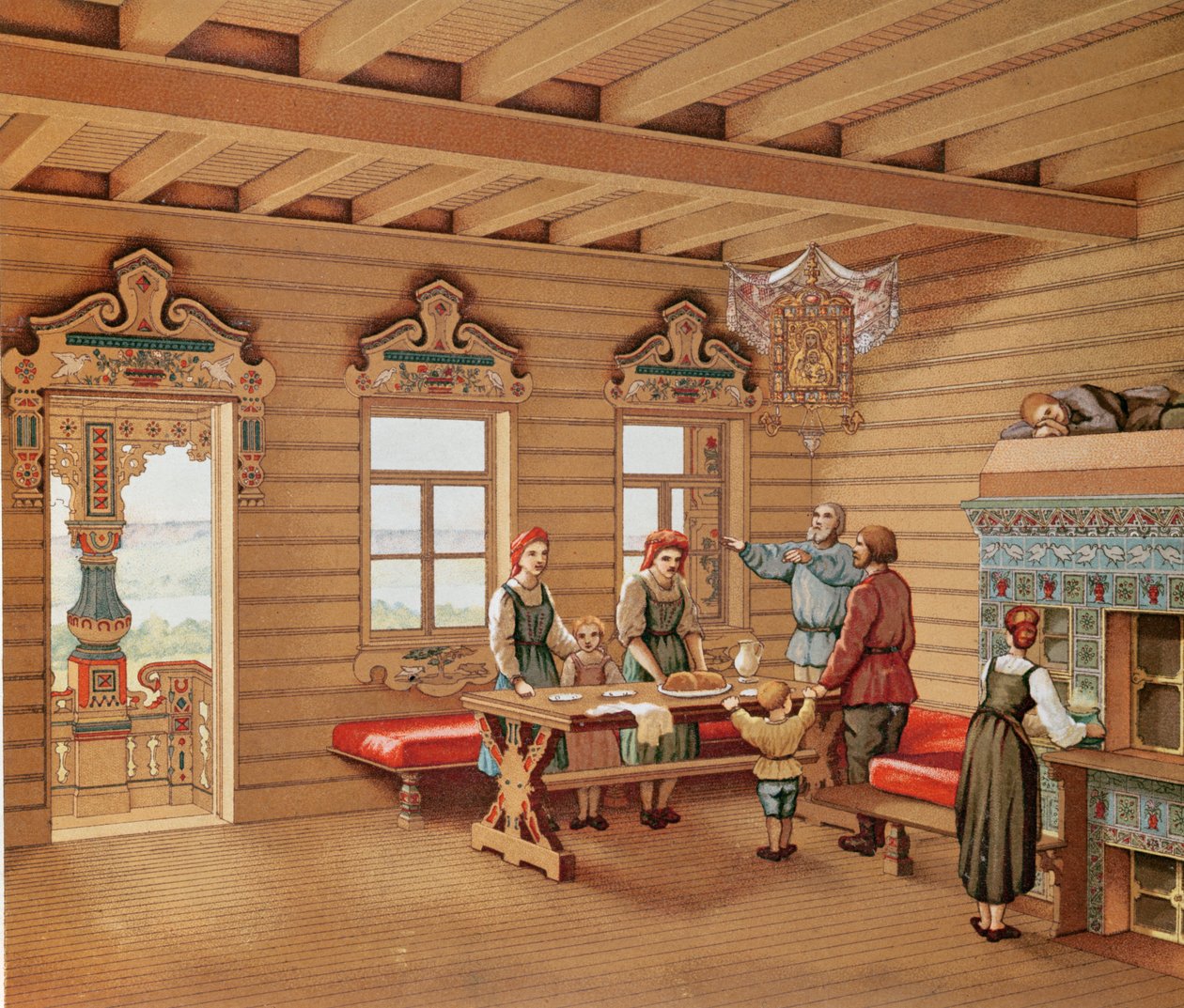 Idealisert interiør av en russisk izba, ca. 1880 (fargegravering) av French School