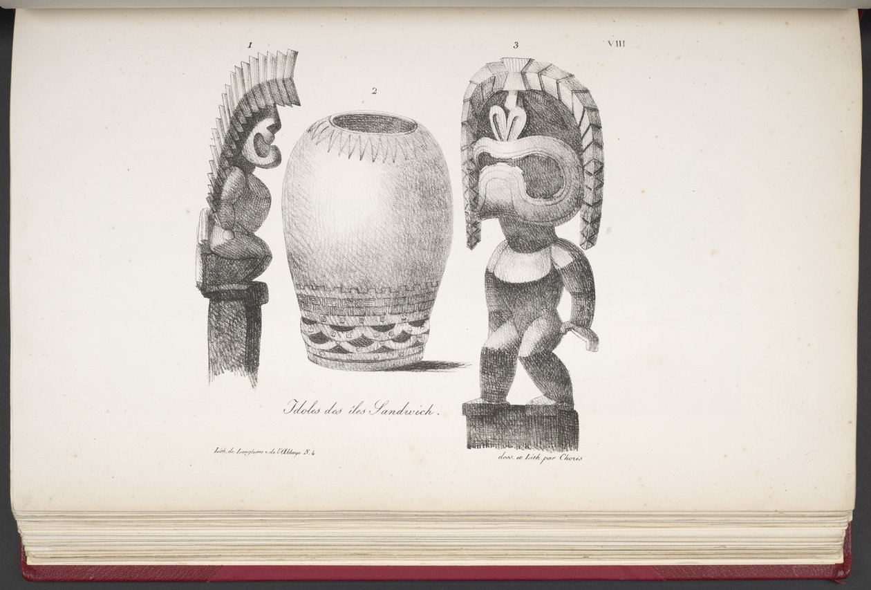 Idols of the Sandwich Islands, fra Picturesque Voyage around the World, med portretter av villmenn fra Amerika, Asia, Afrika og øyene i det store hav; landskap, havutsikt og flere naturhistoriske gjenstander; sammen med av French School