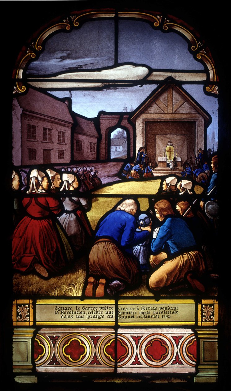 Ignace Le Garrec, vikarprest i Kerlaz under revolusjonen, feirer en siste sognemesse i en låve i Caouët, januar 1793 - glassmalerier av St Germain-kirken i Kerlaz av French School
