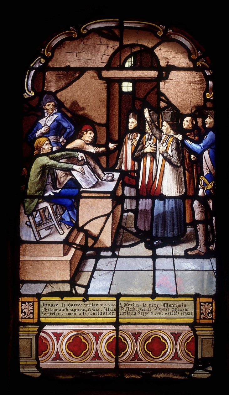 Ignace the Garrec, vikarprest i Kerlaz, far Maximin Chelgoualch, Capuchin, Le Gac, Alain Le Floch, flyktningprester, nekter å avlegge ed til presteskapets sivile konsitusjon og blir arrestert av French School