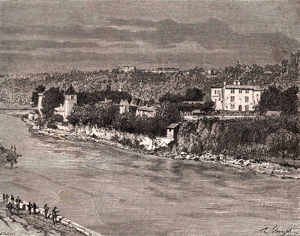 Ile Barbe midt i Saone, i 9. arrondissement av Lyon - gravering i «La France illustree: geografi, historie, statistisk administrasjon»» av V.-A. Malt-brun. 1884 av French School