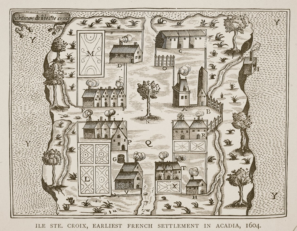 Ile Ste. Croix, den tidligste franske bosetningen i Acadia, 1604, fra Voyages av Samuel de Champlain (ca. 1580-1635), 1613 av French School