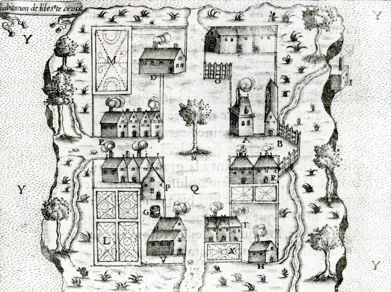 Ile Ste. Croix, den tidligste franske bosetningen i Acadia, 1604, fra Voyages av Samuel de Champlain (ca. 1580-1635), 1613 av French School