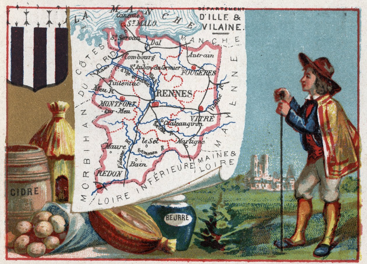 Ille-et-Vilaine (Ille et Vilaine, 35), Bretagne, Frankrike. Cider og smør. Serie om de franske avdelingene. Chromolithography (Chromo) "" den geografiske tråden"", ca 1920. Privat samling. av French School