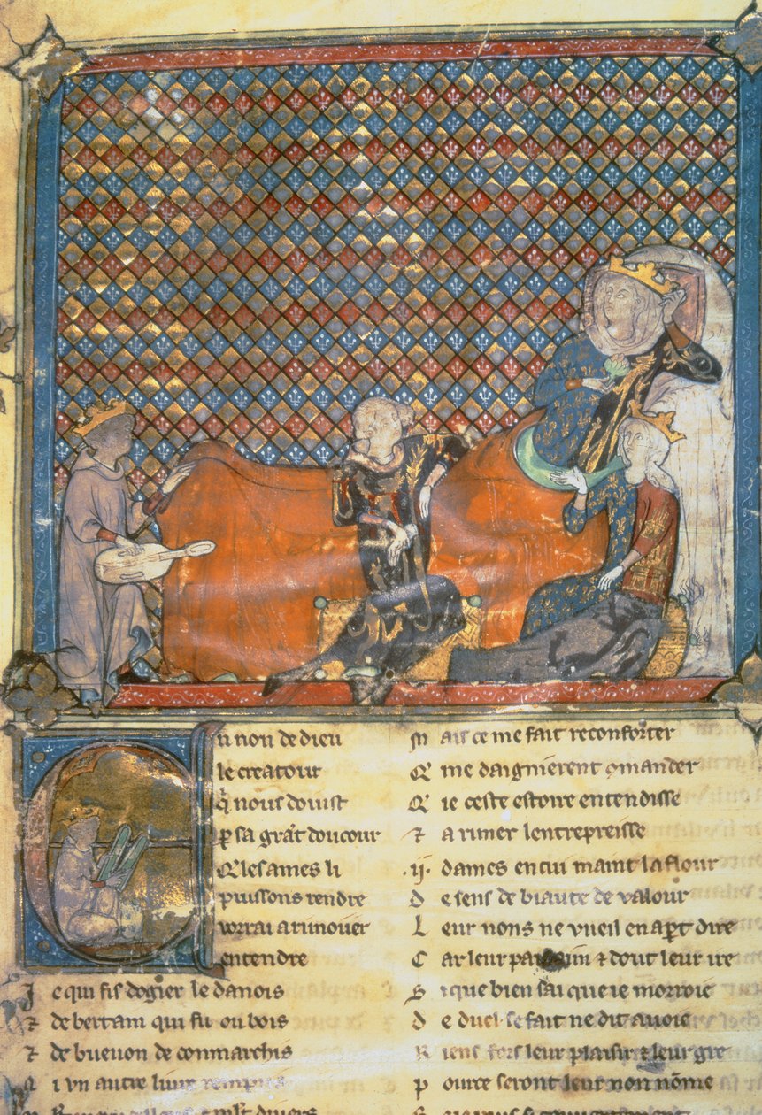 Opplyst side fra en antologi, som viser fra venstre mot høyre, Adenet le Roi, en minstrel for hertug Henry; grev Guy av Flandern; Marie, dronning av Frankrike og kone til Filip den dristige (1342-1404); og Mada av French School