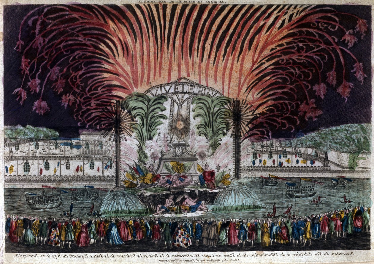 Belysning og fyrverkeri på Louis XV-plassen i Paris i anledning freden og innvielsen av kongens rytterstatue 22. juni 1763. Privee Collection av French School