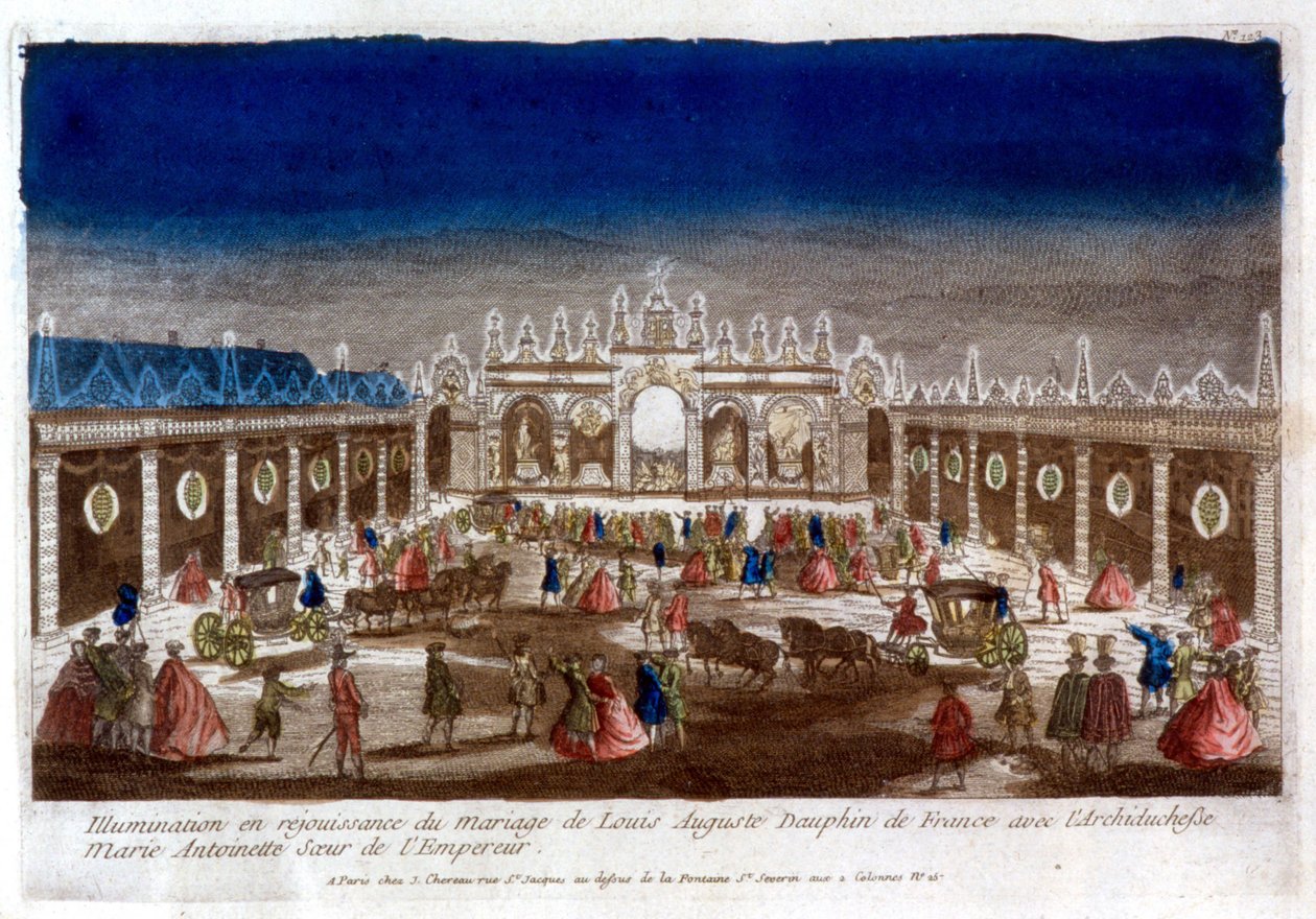 Belysning i feiringen av ekteskapet til Louis Auguste, delfin fra Frankrike (Louis XVI), med erkehertuginne Marie Antoinette, søster til keiseren - gravering av French School