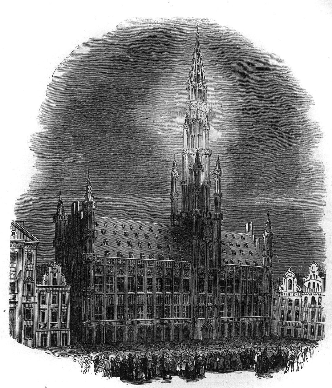Belysning av rådhuset i Brussel 26. september 1864 i anledning årsdagen for kampene som frigjorde Belgia fra nederlandsk dominans. Fra en skisse av M.D.A. Gravering i "The Illustrous Universe" av French School