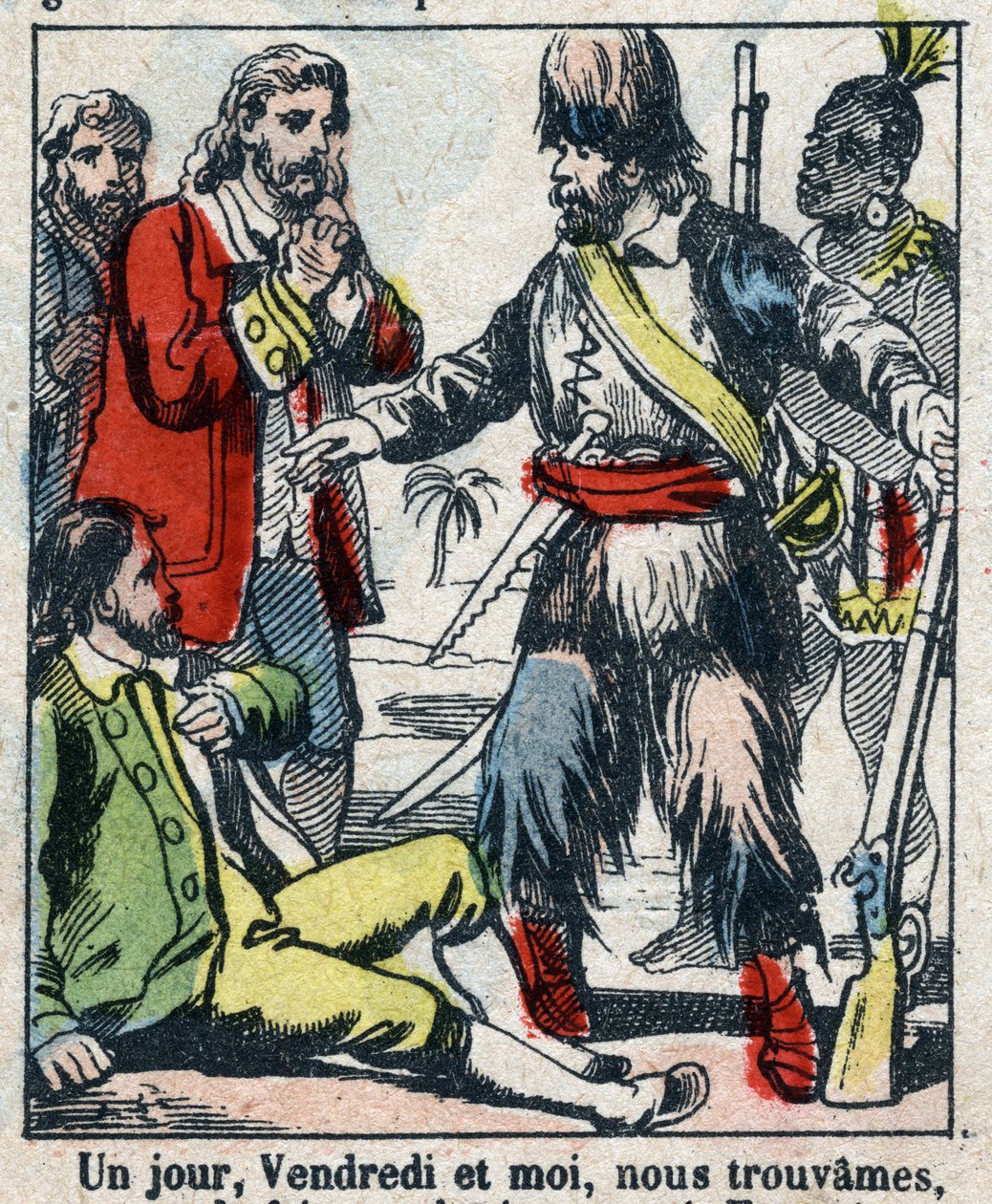 Illustrasjon For boken til Daniel Defoe (De foe) "" Robinson Crusoe"". Epinal avbildning fra slutten av 1800-tallet. av French School