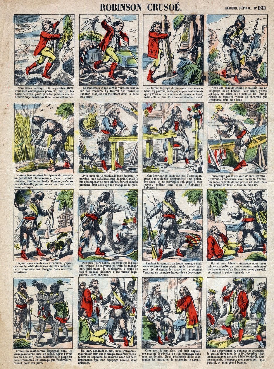 Illustrasjon For boken til Daniel Defoe (De foe) "" Robinson Crusoe"". Epinal avbildning fra slutten av 1800-tallet. av French School