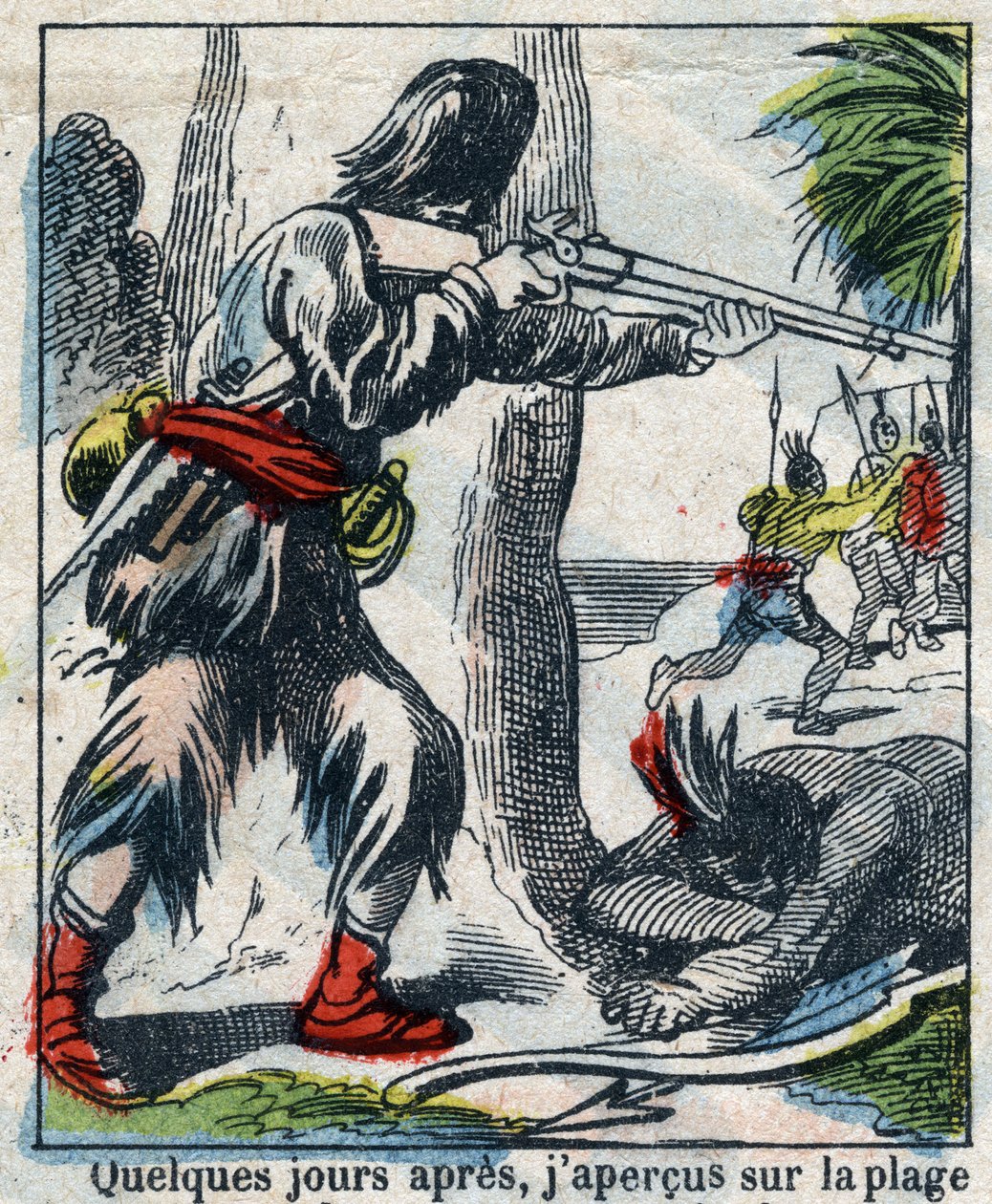 Illustrasjon For boken til Daniel Defoe (De foe) "" Robinson Crusoe"". Epinal avbildning fra slutten av 1800-tallet. av French School
