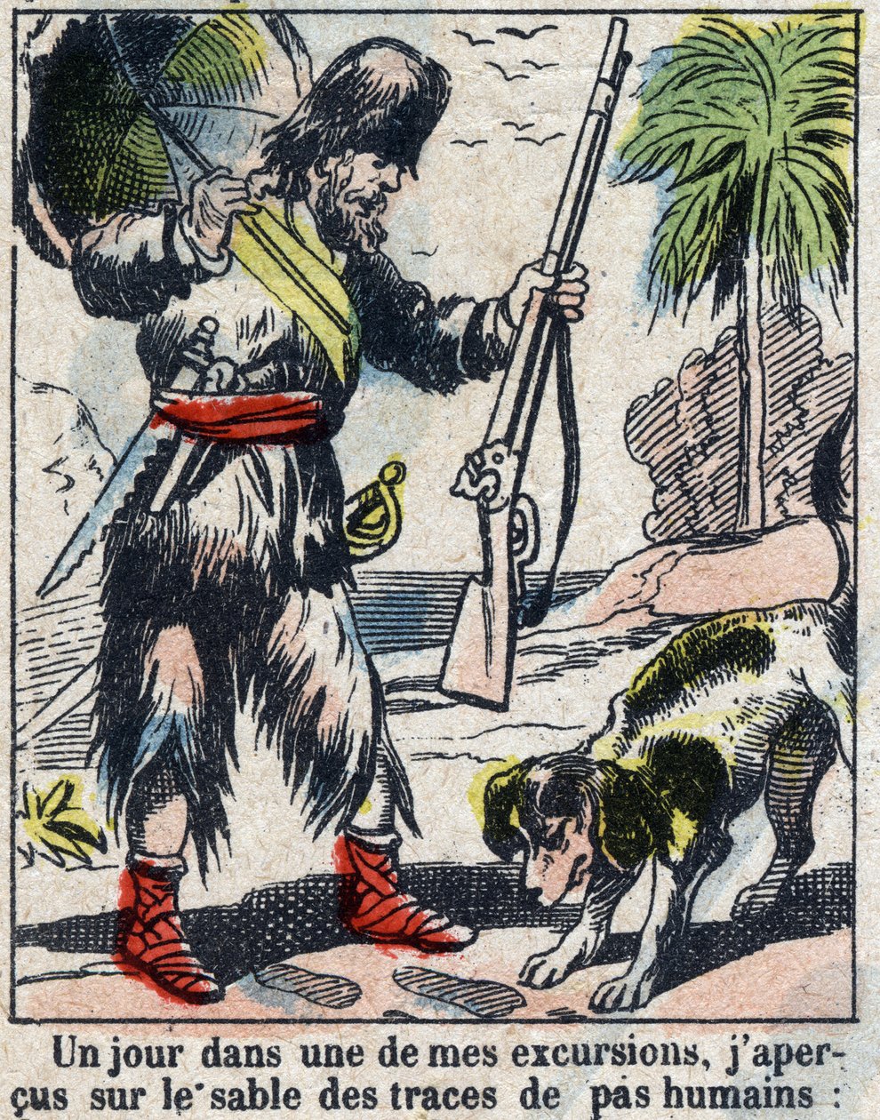 Illustrasjon For boken til Daniel Defoe (De foe) "" Robinson Crusoe"". Epinal avbildning fra slutten av 1800-tallet. av French School