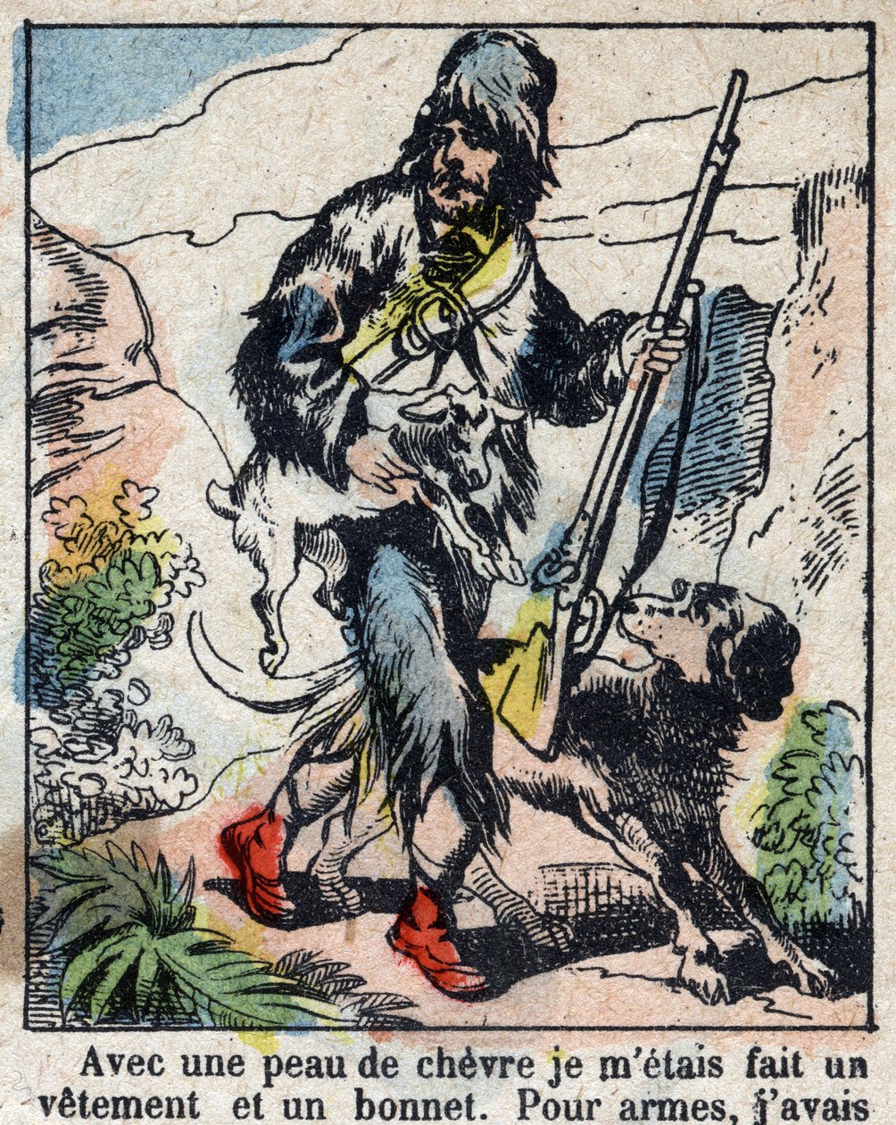 Illustration For the Book of Daniel Defoe (De foe) “” Robinson Crusoe””. Epinal imaging from the end of the 19th century. av French School