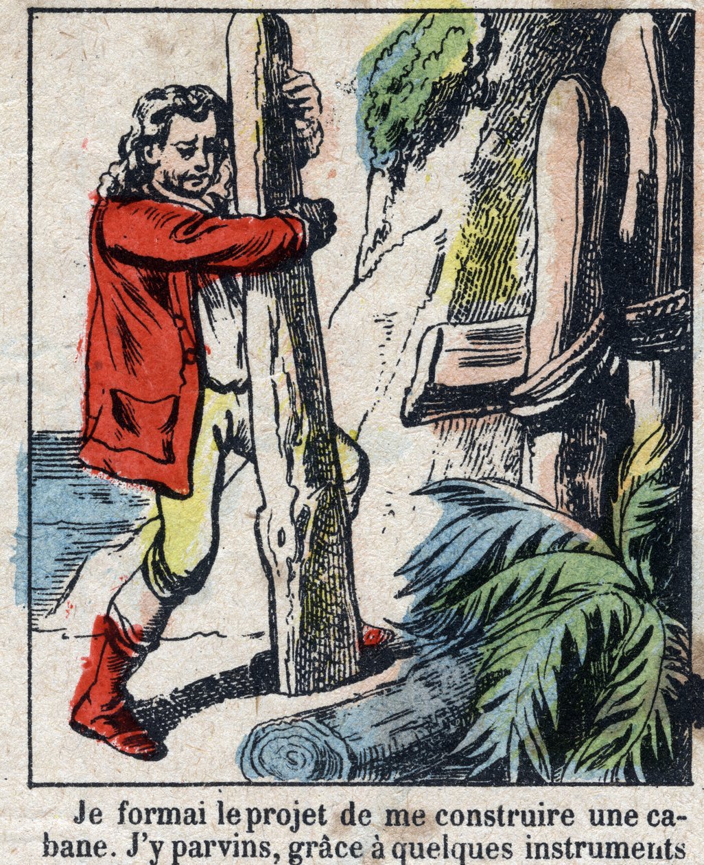 Illustration For the Book of Daniel Defoe (De foe) “” Robinson Crusoe””. Epinal imaging from the end of the 19th century. av French School