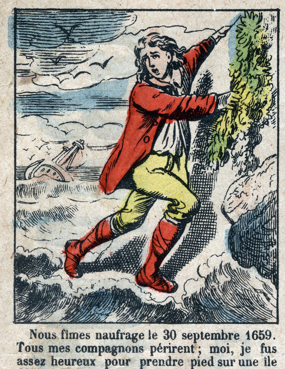 Illustration For the Book of Daniel Defoe (De foe) “” Robinson Crusoe””. Epinal imaging from the end of the 19th century. av French School