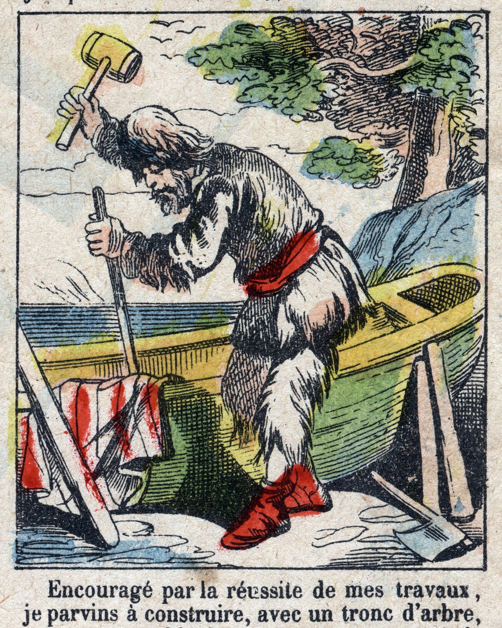 Illustrasjon For boken til Daniel Defoe (De foe) "" Robinson Crusoe"". Epinal avbildning fra slutten av 1800-tallet. av French School