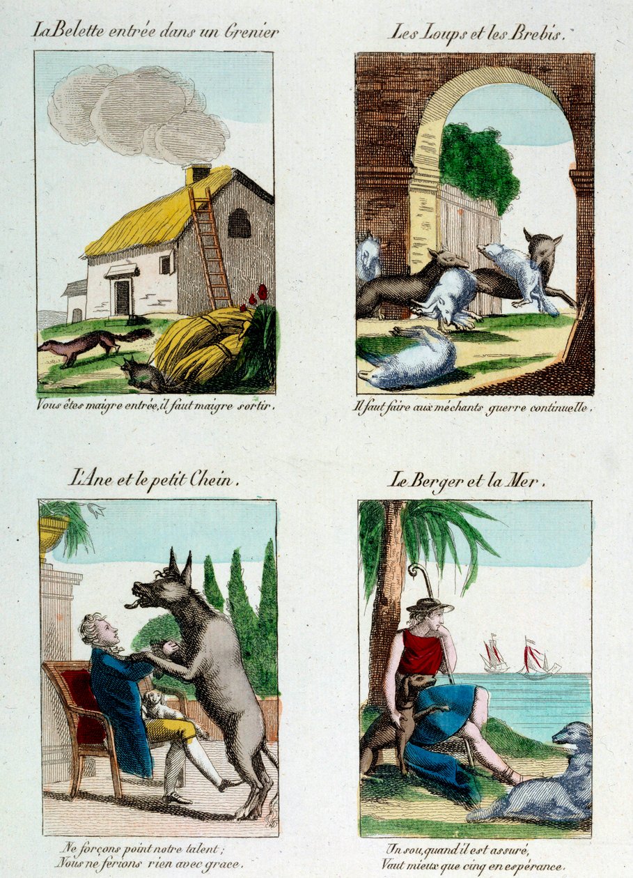 Illustrasjonstavle for Jean de La Fontaines fabler (1621-1695): vesle kom inn på et loft, ulver og sauer, esel og hund, hyrde og hav. Gravering av French School