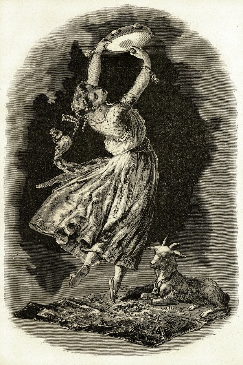 Illustrasjon for «Notre-Dame de Paris» av Victor Hugo: Esmeralda danser og spiller tamburin ved siden av geiten sin, fra 1900-tallet (litho) av French School