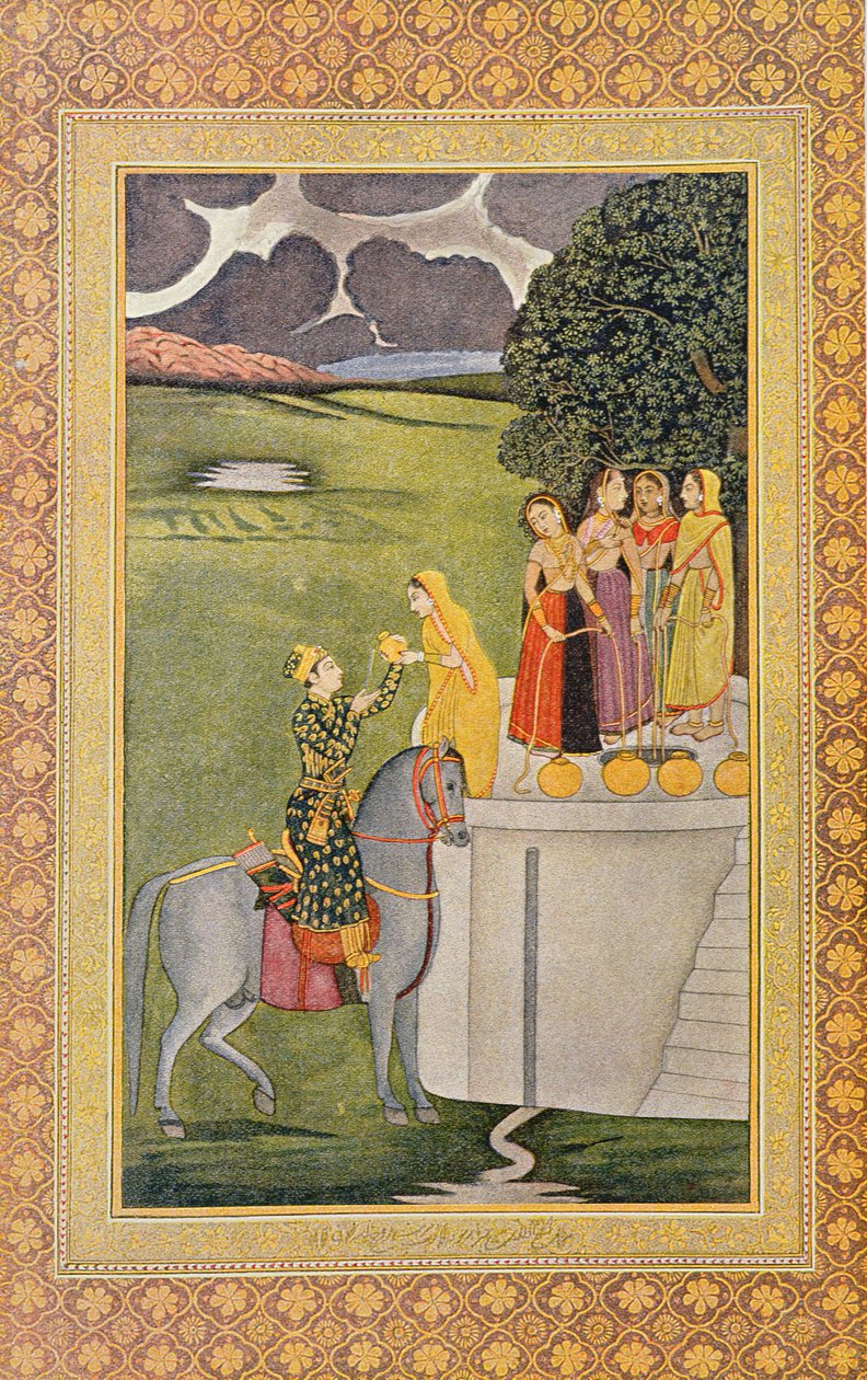 Illustrasjon for Prince Nourgilan og Face of Lily Adolescent, fra The Arabian Nights, 1895 (fargegravering) av French School