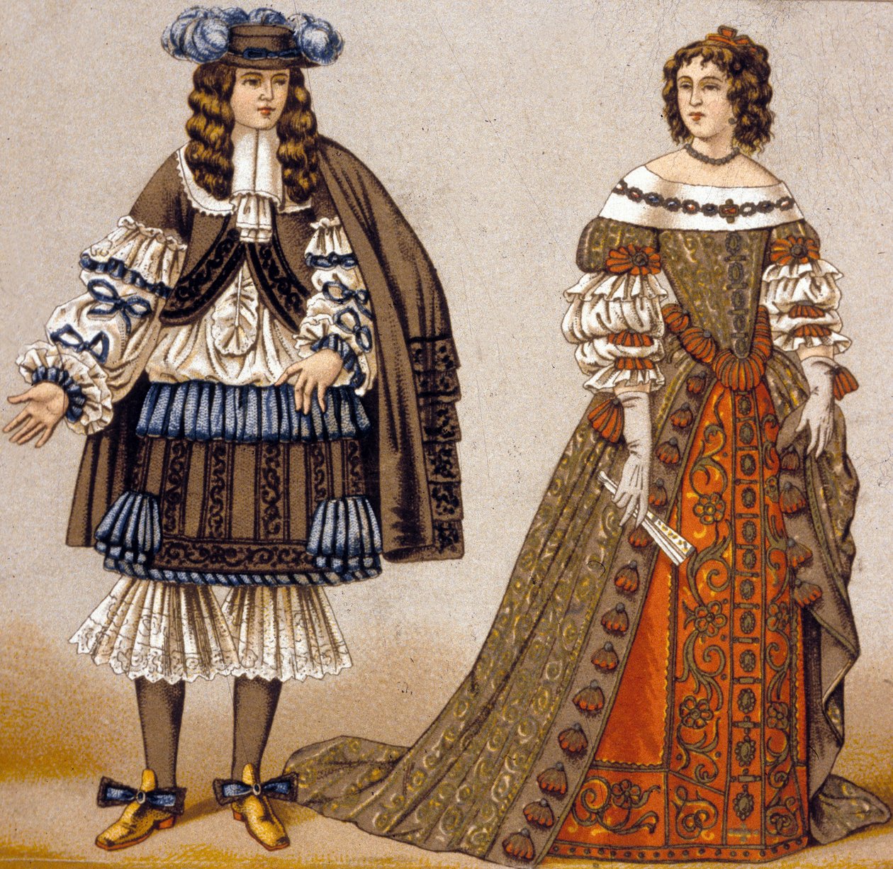 Illustrasjon for karakterene Alceste og Celimene i stykket "The Misanthrope" av Moliere (farget gravering) av French School