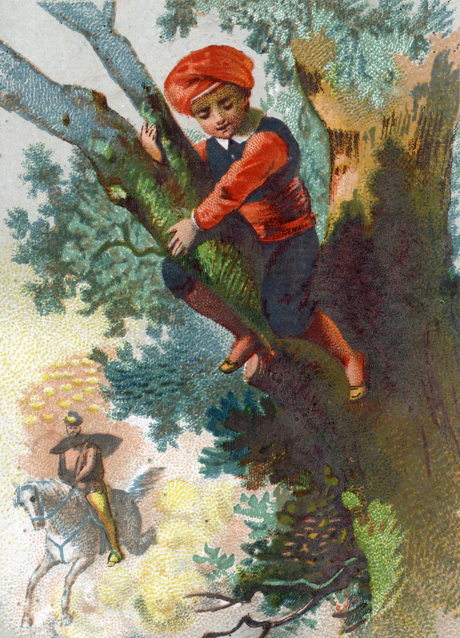 Illustrasjon til fortellingene om de tusen og en natt. Ali-Baba (Ali Baba) ser en tropp med tyver komme langveisfra inn i skogen, gjemmer seg i et tre. Kromolitografi rundt 1890. av French School