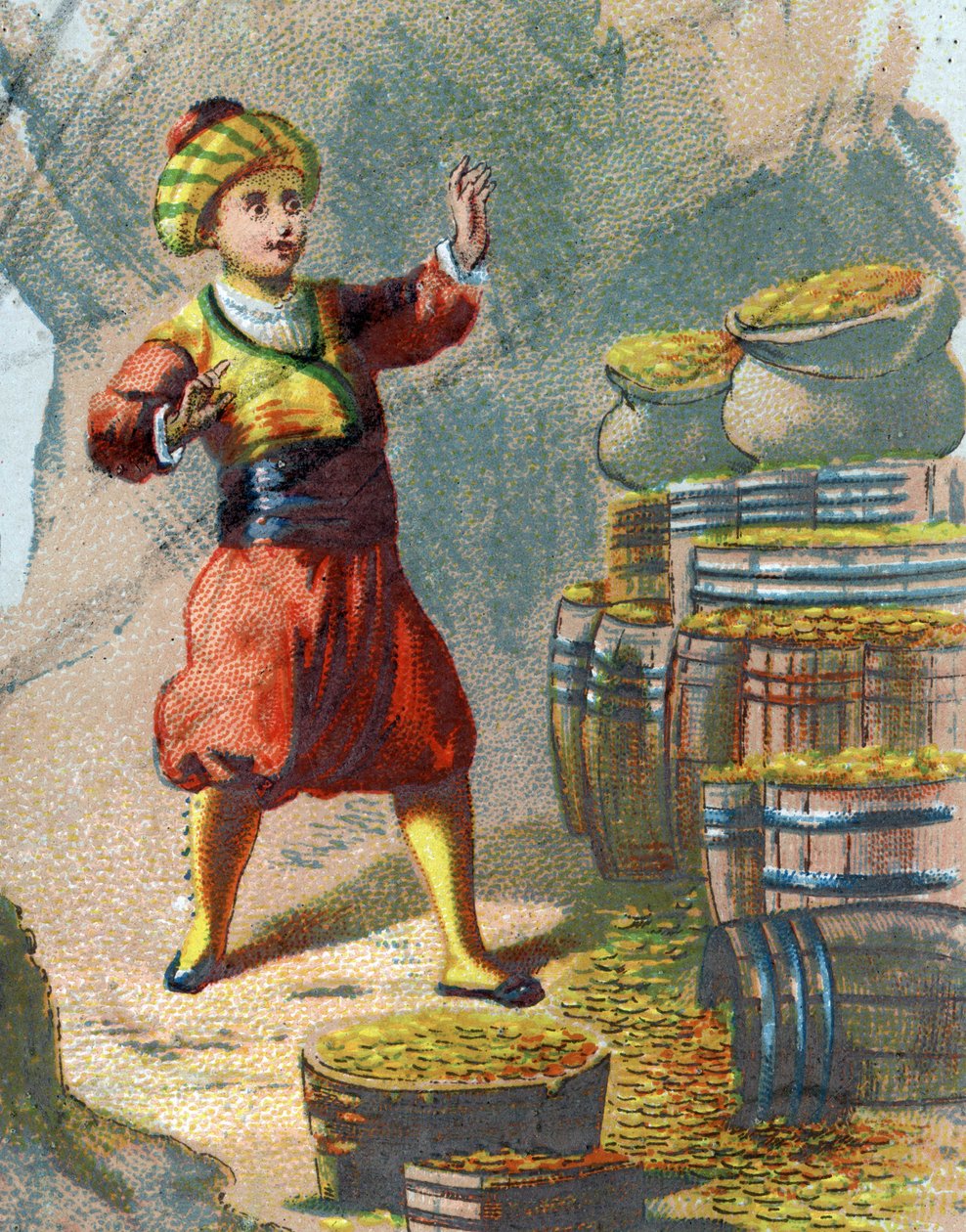 Illustrasjon til fortellingene om de tusen og en natt. Ali Baba (Ali-Baba) går inn i fjellet og sier: Sesam åpner deg og ser gulltønner. Kromolitografi rundt 1890. av French School