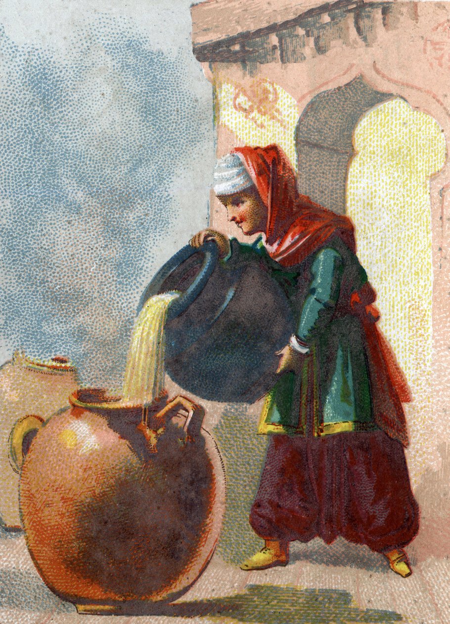 Illustrasjon til fortellingene om de tusen og en natt. Morgiane, en slave av Ali Baba (Ali Baba), som innså at vasene inneholdt tyver, tok livet av dem ved å helle kokende olje i hvert kar. Kromolitografi rundt 1890. av French School