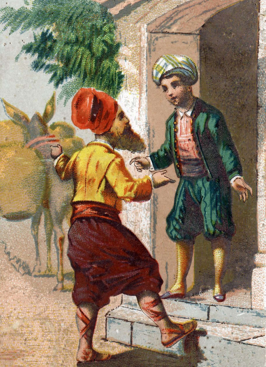 Illustration for the Tales of the Thousand and One Nights. The captain, disappointed as an oil merchant and followed by 19 mules loads each of two large vases, asks for the hospitality of Ali-Baba (Ali Baba). Chromolithography around 1890. av French School