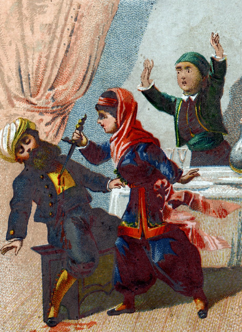 Illustrasjon til fortellingene om de tusen og en natt. Kapteinen forkleder seg igjen og vender tilbake til Ali Baba (Ali baba), men Morgiane gjenkjenner ham og stikker ham under en dans. Kromolitografi rundt 1890. av French School