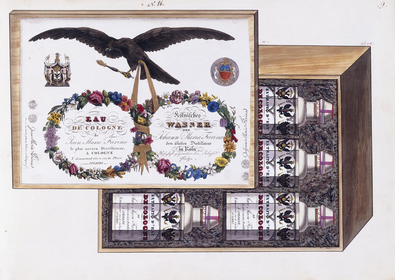 Illustrasjon for emballasjen til eau de Cologne, ca. 1825 (akvarell og kroppsfarge) av French School