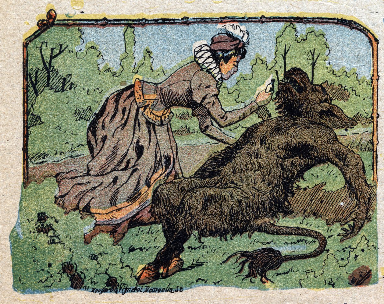 Illustrasjon for eventyret "Skjønnheten og beten"": den vakre gjenopplivet beten besvimte av smerte da hun nektet å foreslå ekteskap. Gravering av Quinn-bilder, rundt 1890. av French School