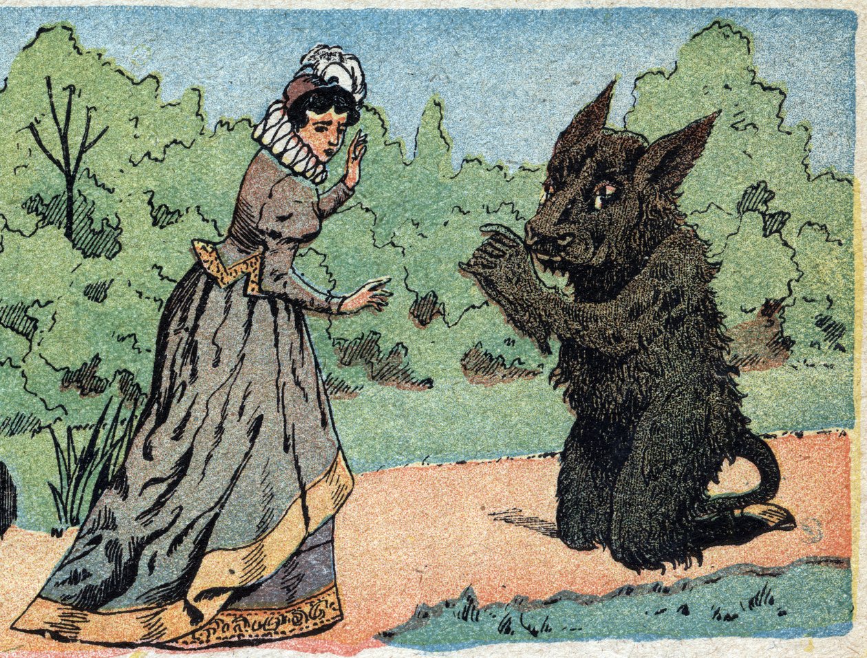 Illustrasjon for eventyret "Skjønnheten og beten"": beten spør den vakre som plutselig blir redd. Gravering av Quinn-bilder, rundt 1890. av French School