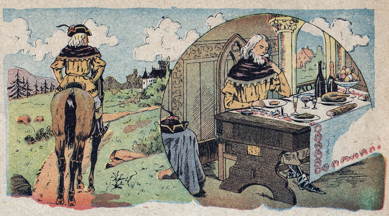 Illustrasjon for historien "Beauty and the Bete"": kjøpmannen mistet seg selv i skogen - etter at han kom inn i en spisestue. Gravering av Quinn-bilder, rundt 1890. av French School