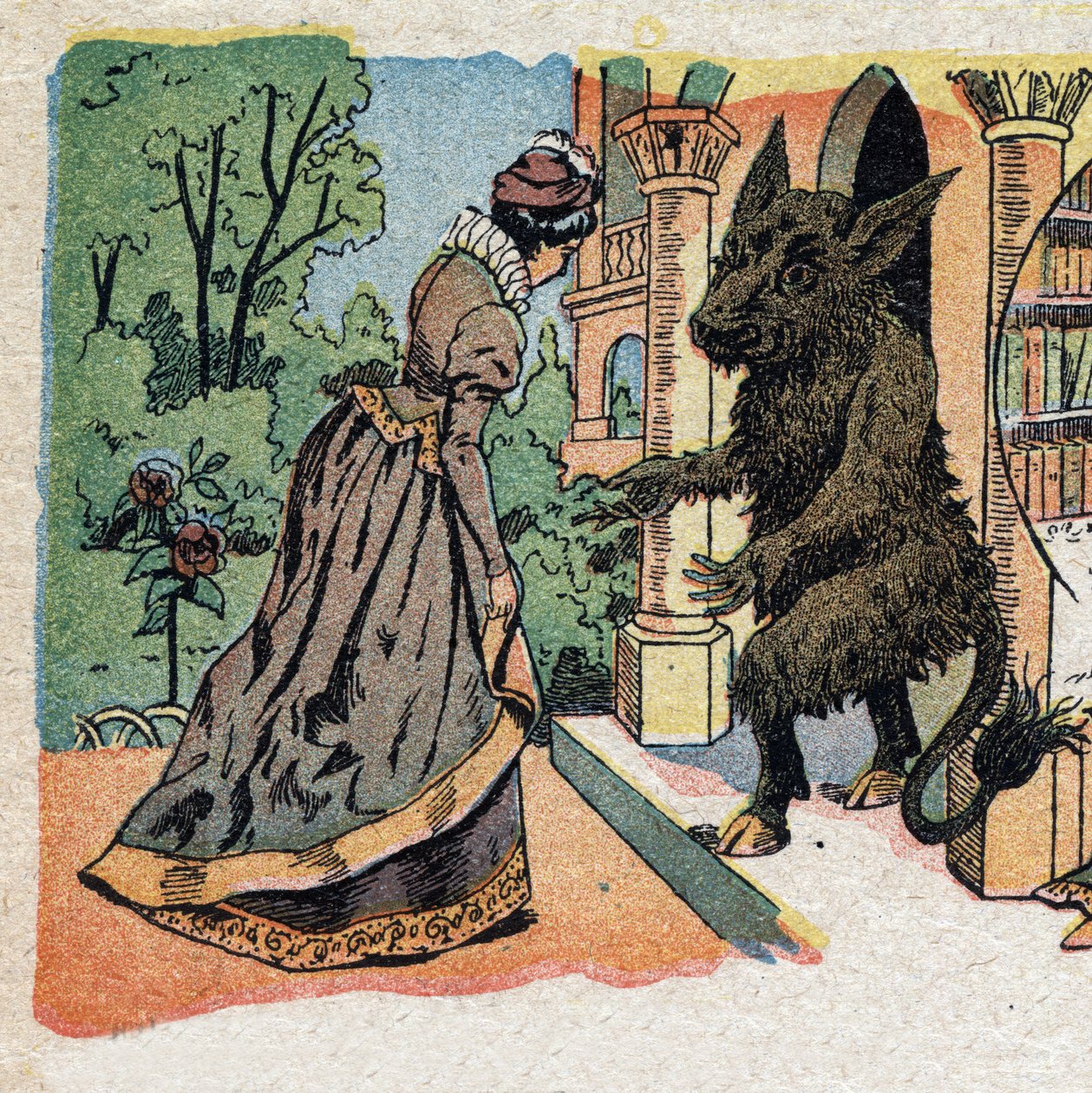 Illustrasjon til fortellingen "La Belle et la Bete"": den vakre ankommer slottet til Bete. Gravering av Quinn-bilder, rundt 1890. av French School