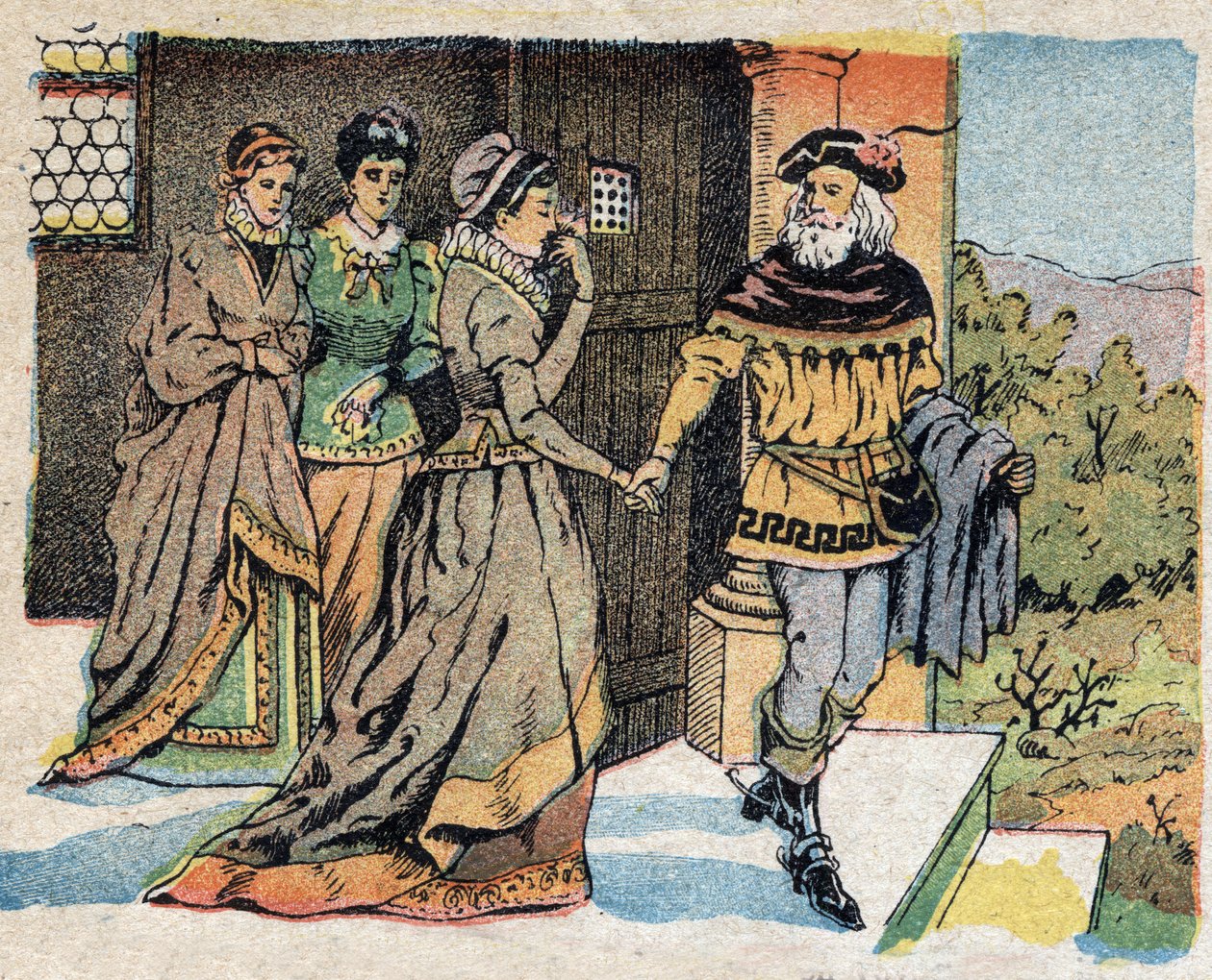 Illustrasjon for historien "La Belle et la Bete"": Kjøpmannen som dro på tur tok farvel med sine tre døtre og lovet dem en gave når han kom tilbake. Gravering av Quinn-bilder, rundt 1890. av French School