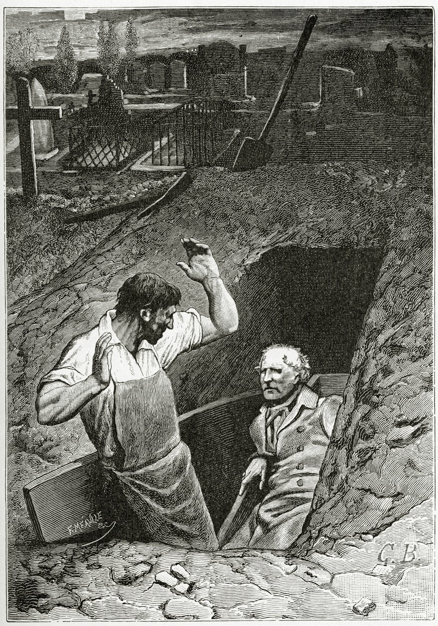 Illustrasjon fra Les Misérables, 1800-tallet (bw gravering) av French School
