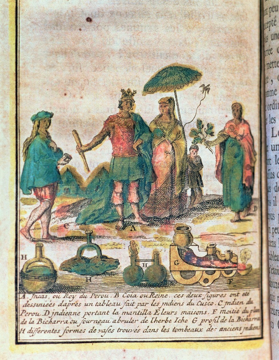 Illustrasjon fra en historie i Peru som viser en inkakonge og dronning med indiske ledsagere og et diagram av en bicharra av French School
