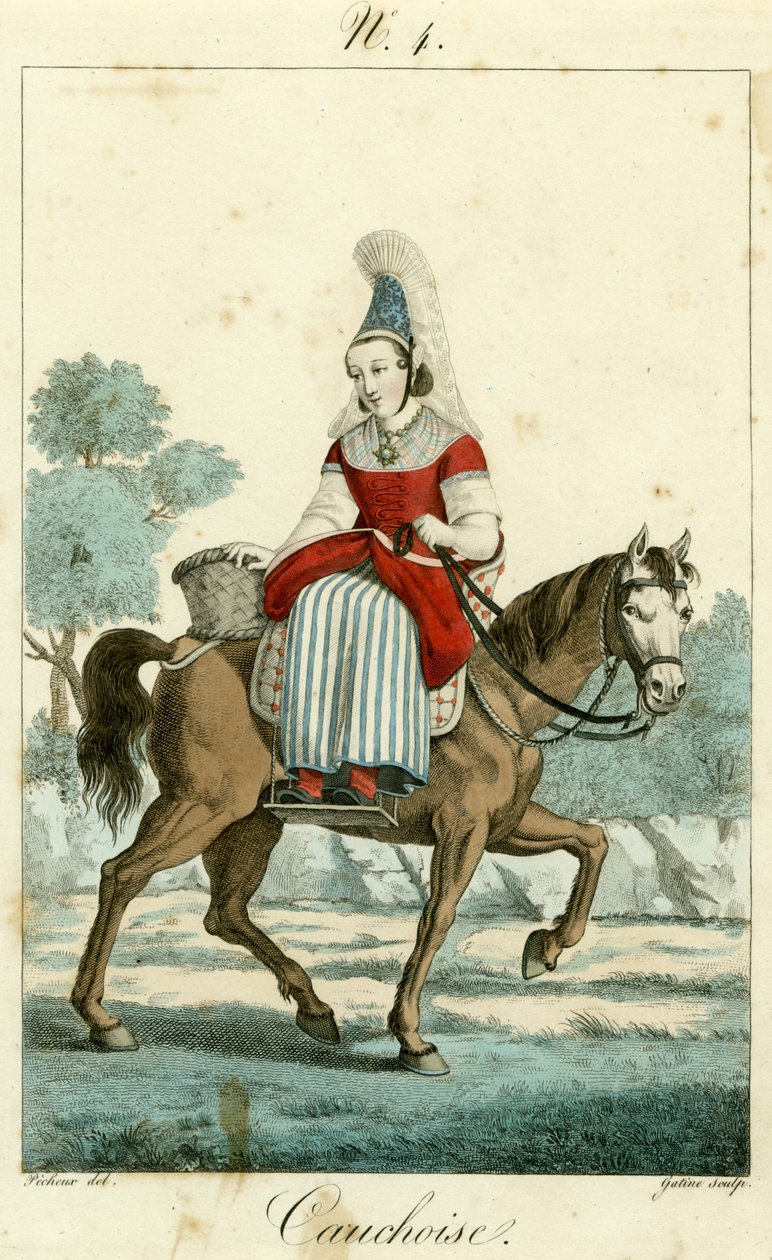 Illustrasjonsnr. 4, Cauchoise-kostyme (farget gravering) av French School