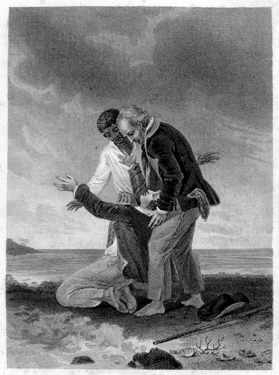 Illustrasjon av "" Paul og Virginia"": Paul foran havet. Roman av Henri Bernardin de Saint Pierre (Saint-Pierre eller St-Pierre), fransk forfatter (1737-1814). av French School