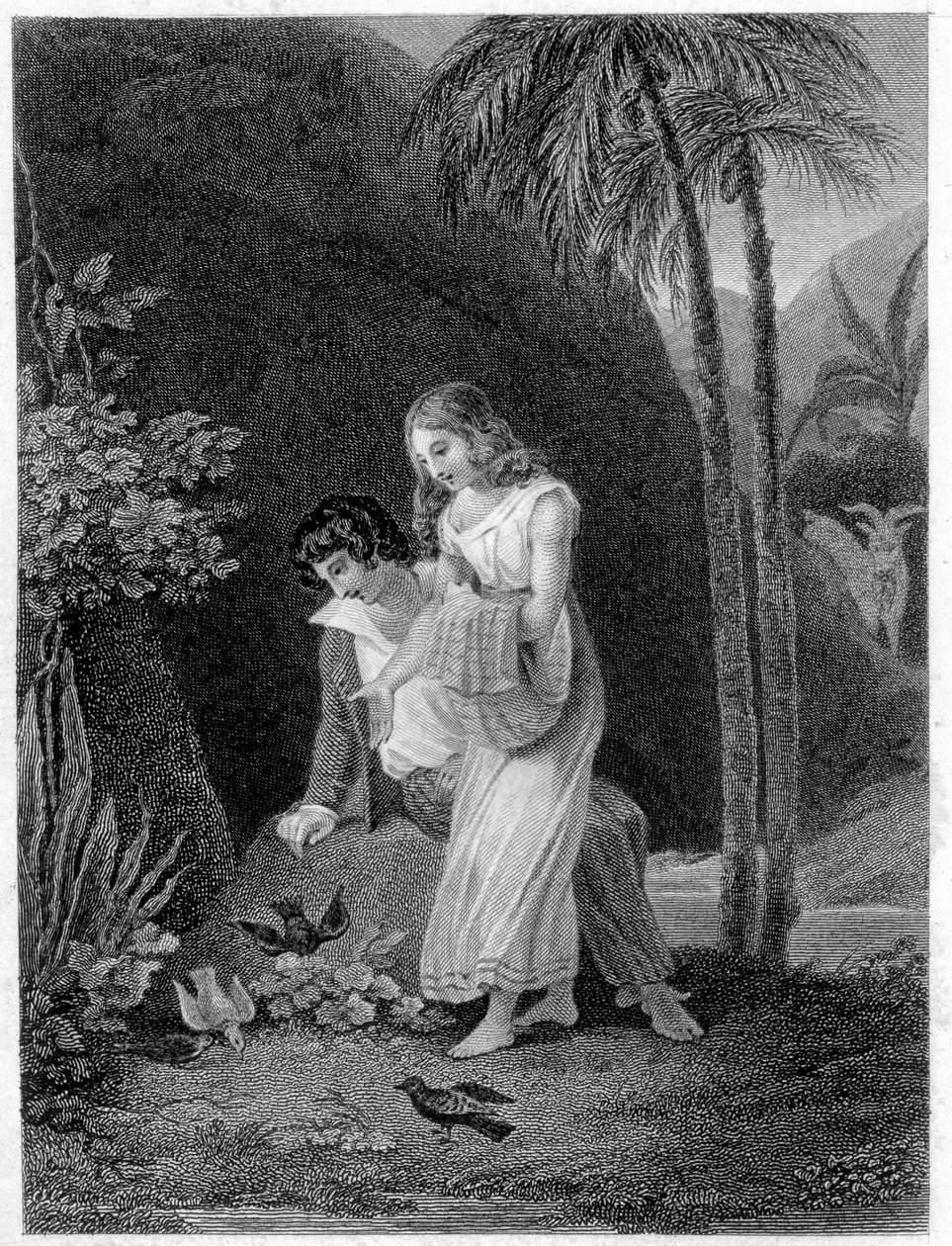 Illustrasjon av "Paul og Virginia"". Roman av Henri Bernardin de Saint Pierre (Saint-Pierre eller St-Pierre), fransk forfatter (1737-1814). av French School