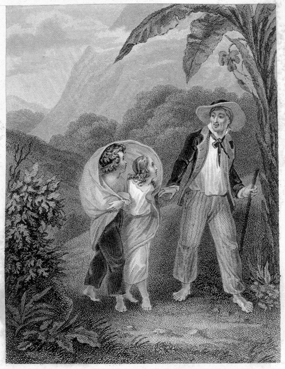 Illustrasjon av "Paul og Virginia"". Roman av Henri Bernardin de Saint Pierre (Saint-Pierre eller St-Pierre), fransk forfatter (1737-1814). av French School