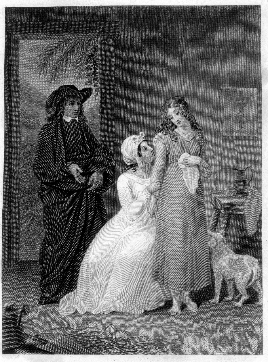 Illustrasjon av "" Paul og Virginia"": Virginia. Roman av Henri Bernardin de Saint Pierre (Saint Pierre eller St Pierre), fransk forfatter (1737-1814). av French School