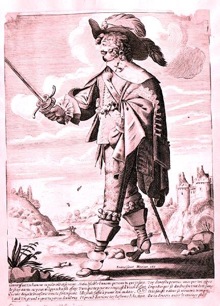 Illustrasjon av en soldat under Ludvig XIIIs regjeringstid (1601-43) (gravering) (s/hv foto) av French School