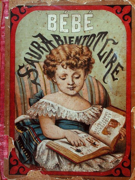 Illustrasjon av et barn som lærer å lese (fargelitho) av French School